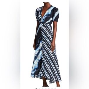 SALONI Sz 8 Lea Blue Silk Shibori Print Midi Dress Excellent Cond Orig $750